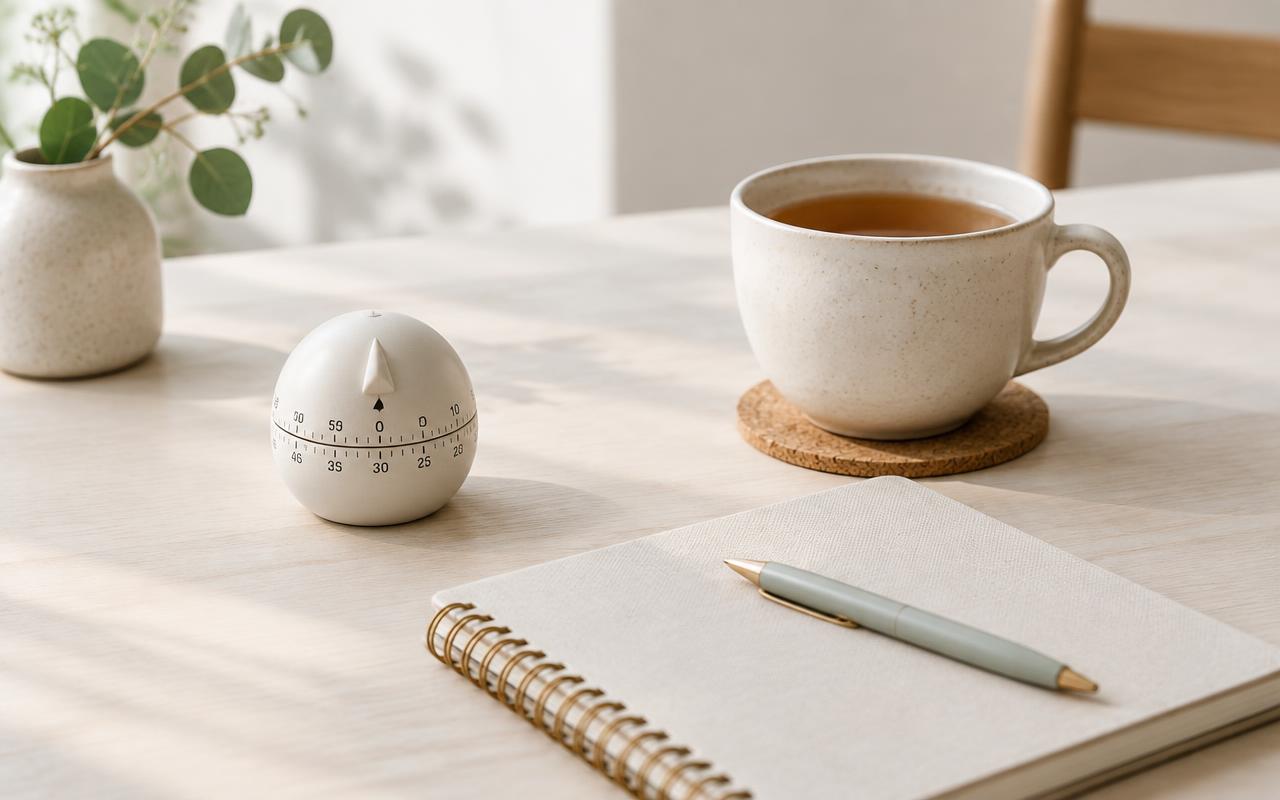 A small kitchen timer beside a notebook and a cup of tea on a light wooden table