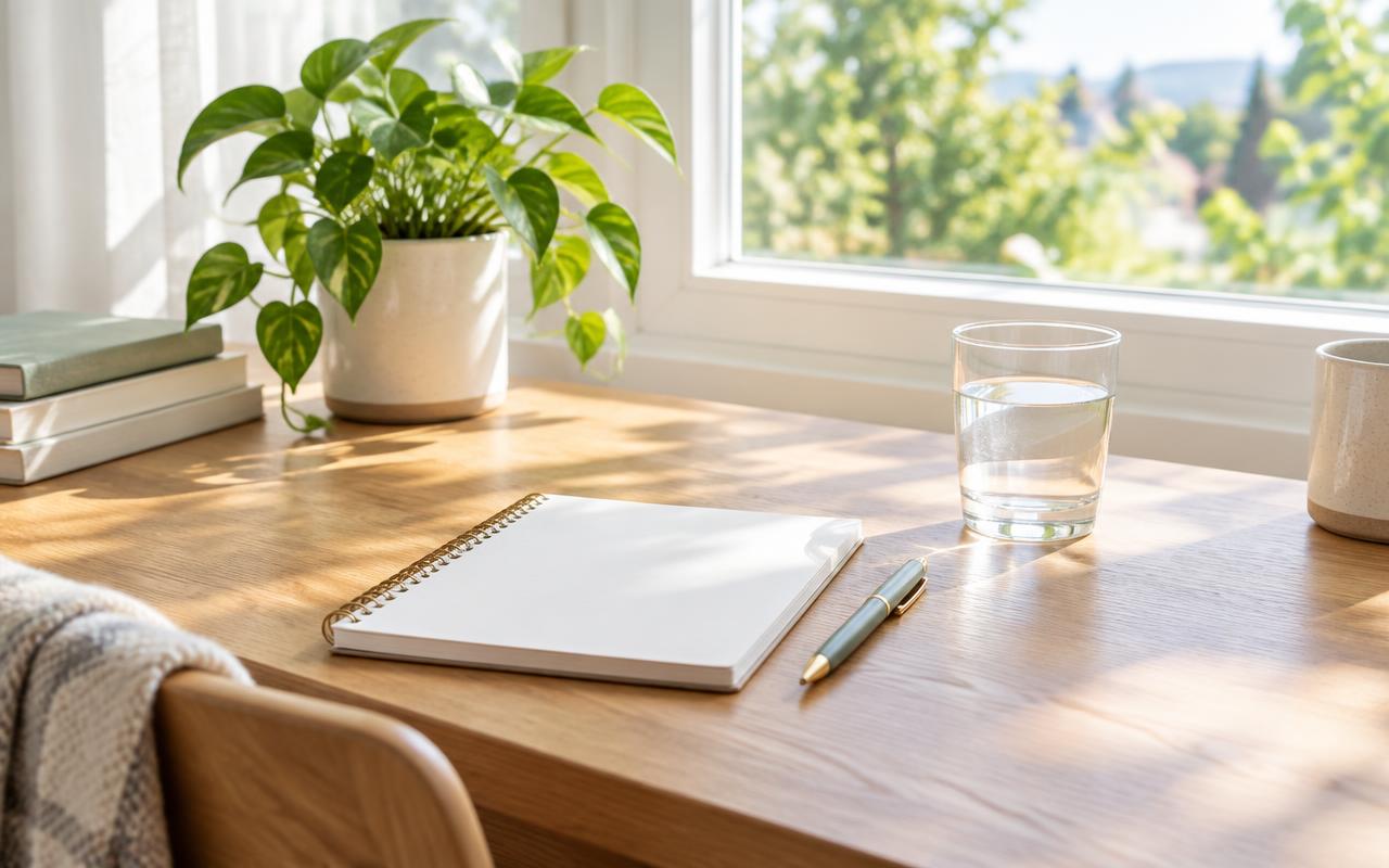 A sunlit wooden desk with an open notebook, a pen, a glass of water and a green plant