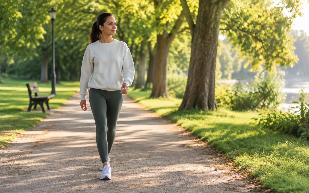 A person walking along a tree-lined park path in the afternoon sun