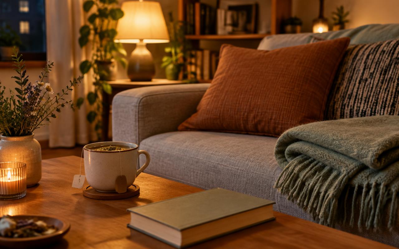 A cosy living room in the evening with a warm lamp, herbal tea, a book and a blanket