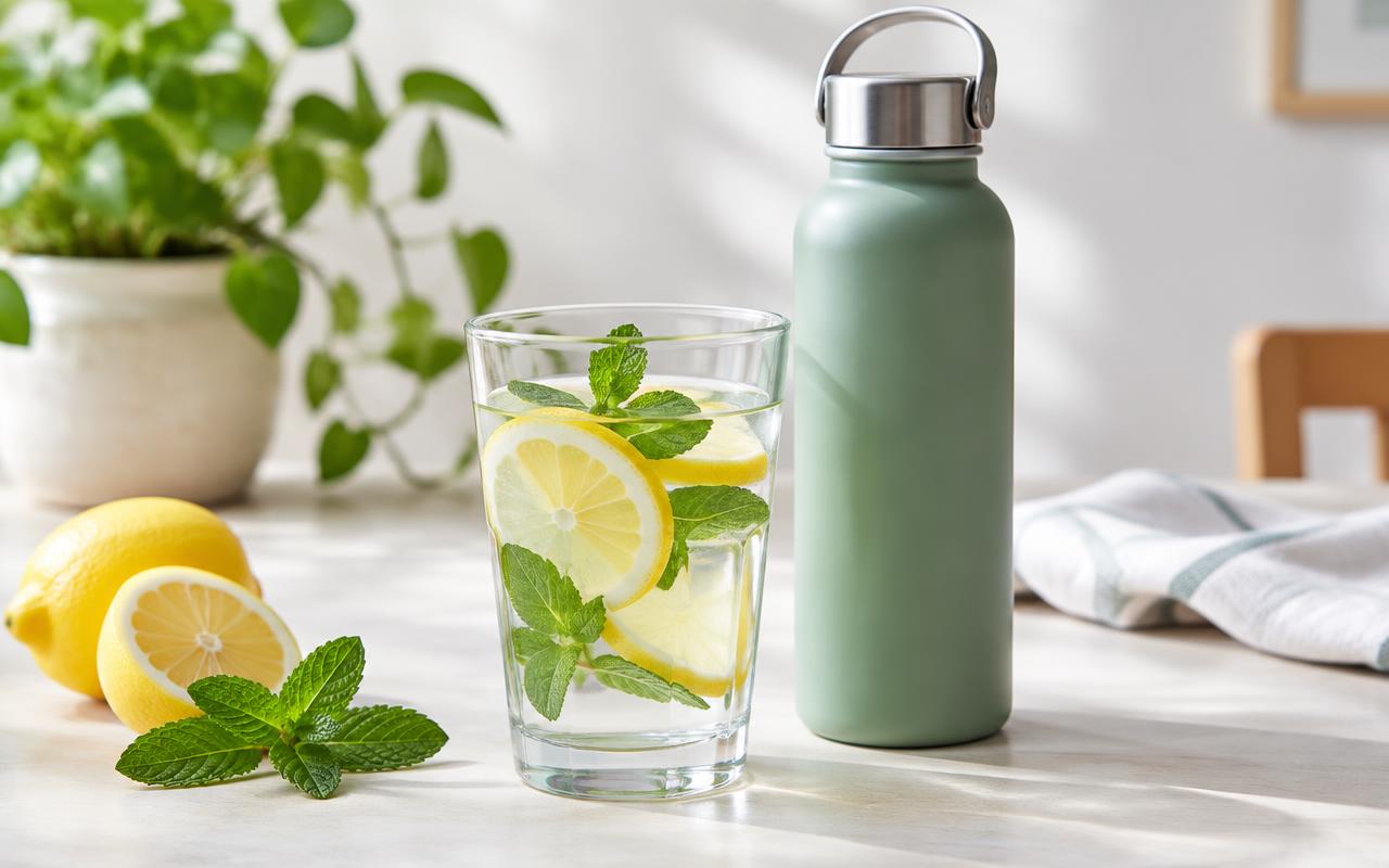 A glass of water with lemon and mint next to a green reusable bottle on a bright table