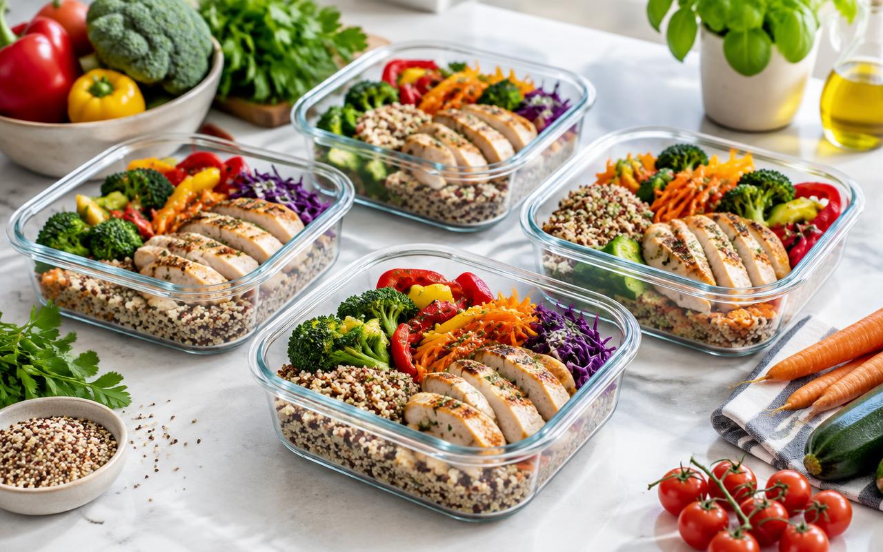 Glass meal prep containers filled with grains, roast vegetables and chicken on a kitchen counter