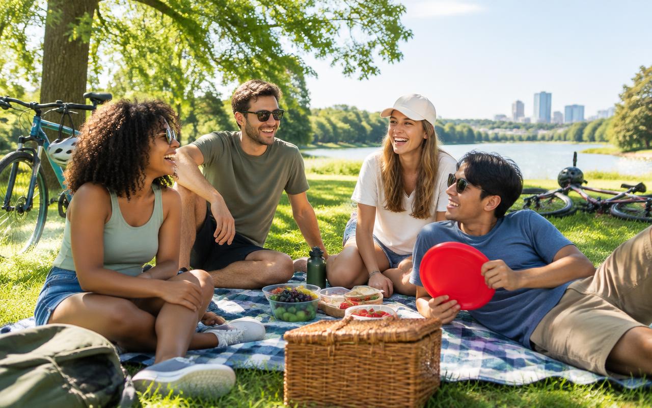 Friends sitting on a picnic blanket in a sunny park with bicycles and a picnic basket
