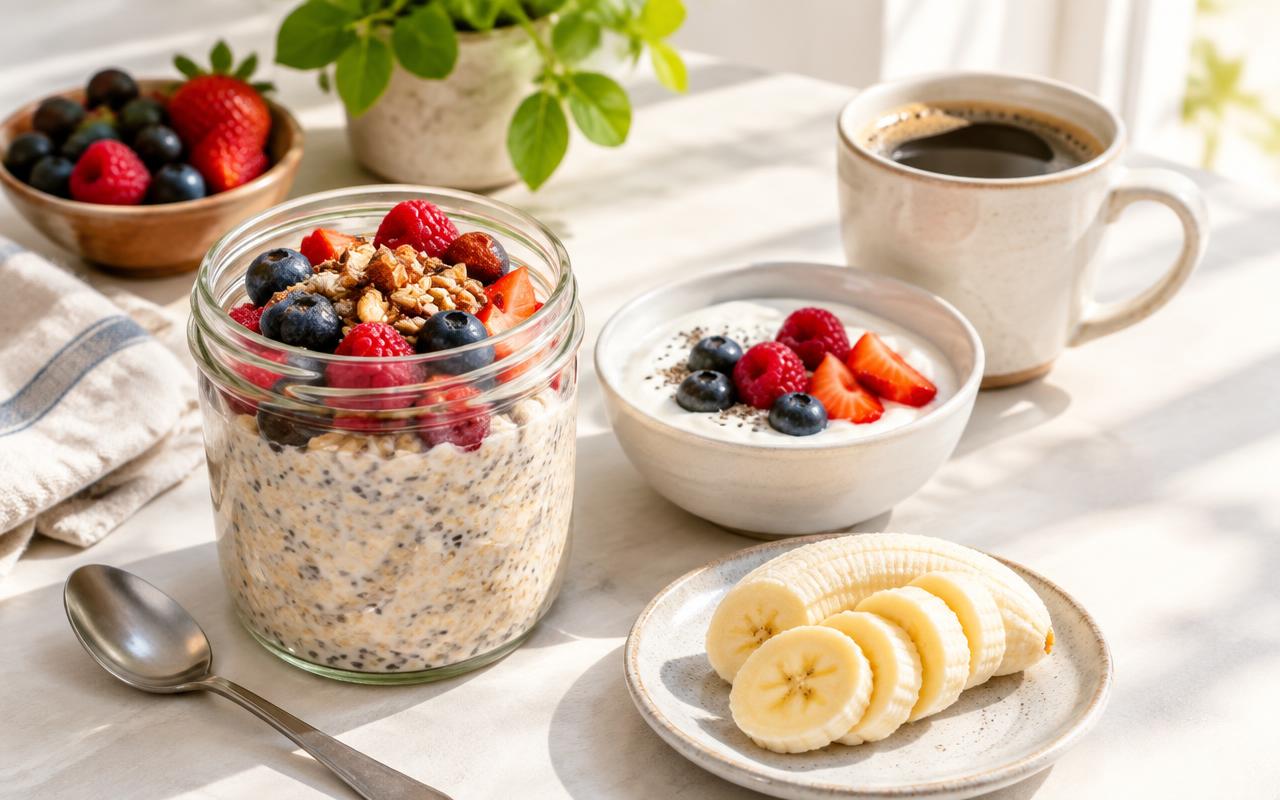 Overnight oats with berries in a jar beside yoghurt, sliced banana and a cup of coffee