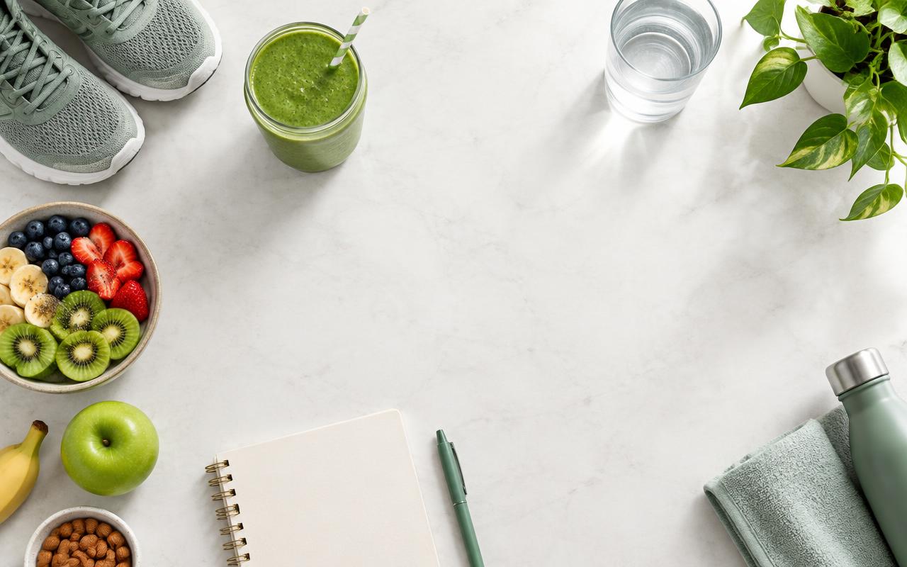 A flat lay of trainers, a green smoothie, fresh fruit, a notebook and a water bottle