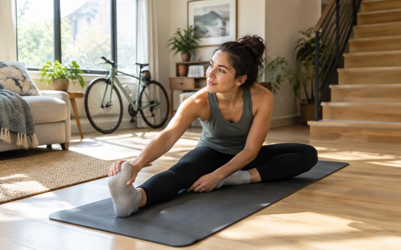 A person stretching on a mat in a bright living room with a bicycle in the background