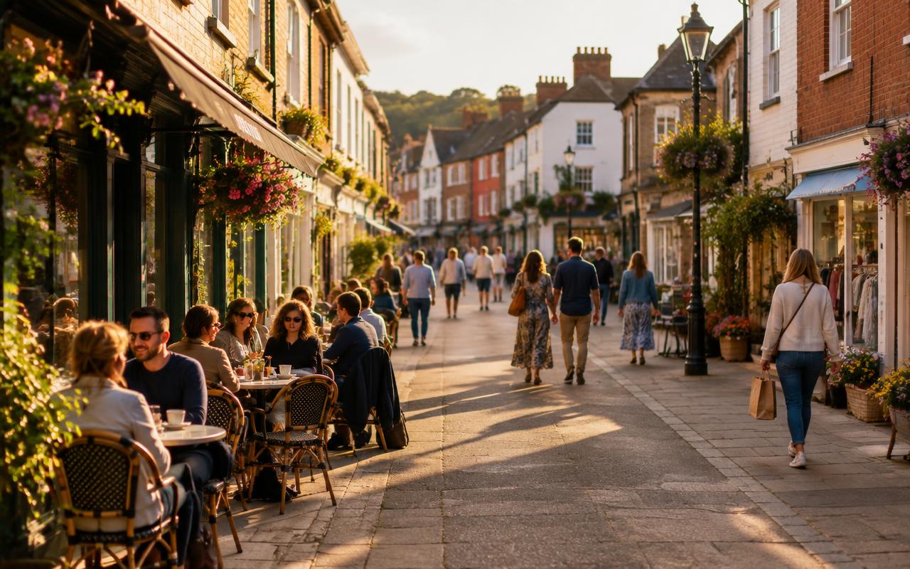A local high street with independent shops, cafรฉ tables outside and people walking in evening light