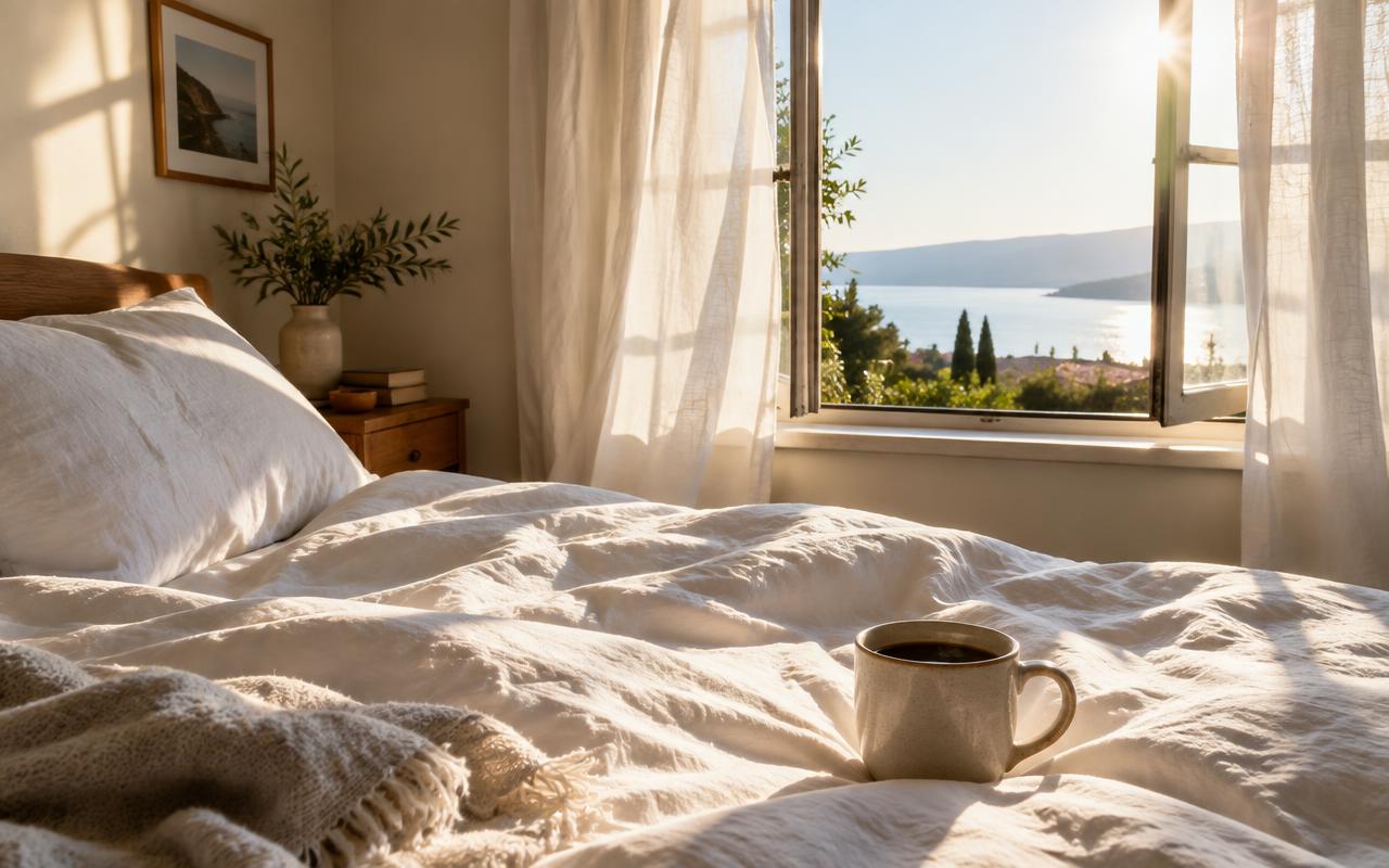 Morning sunlight through a window falling on white bed linen with a mug of coffee
