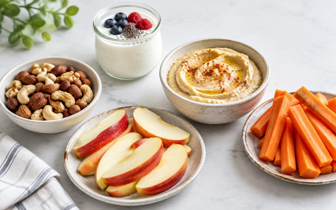 Bowls of mixed nuts, apple slices, hummus with carrot sticks and a pot of yoghurt with berries