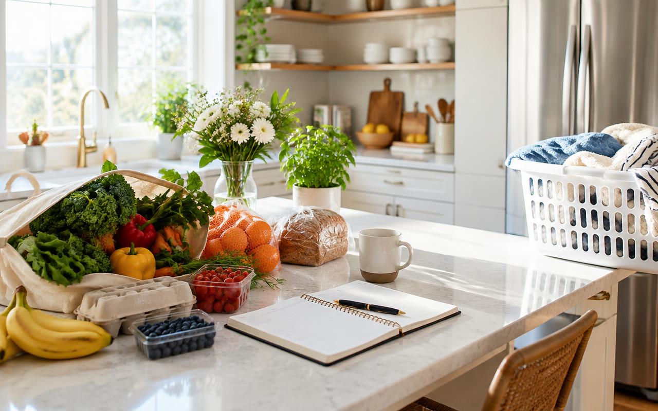 A bright kitchen counter with fresh groceries, flowers, a planner and a laundry basket