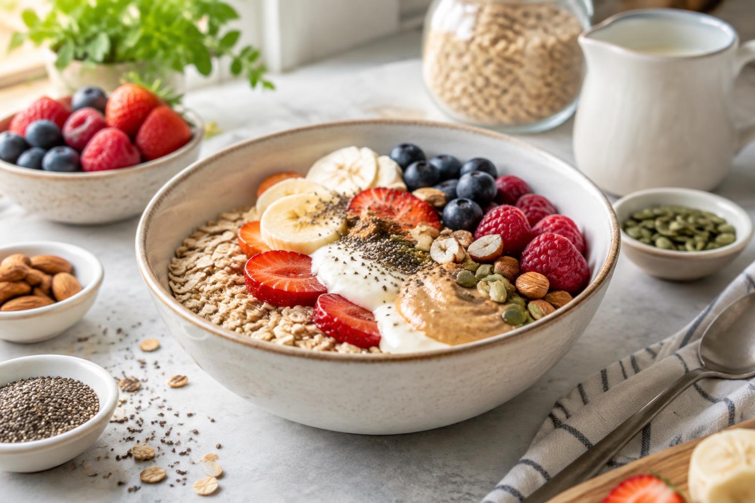 Balanced breakfast bowl with oats, yogurt, berries, banana, nuts and seeds in natural morning light
