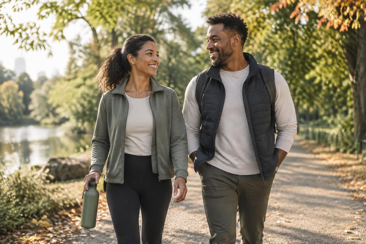 Two friends walking beside a lake in warm seasonal morning light, one carrying a reusable water bottle