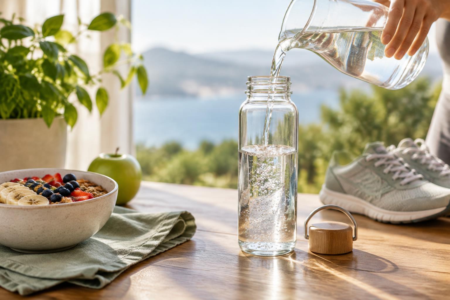 Clear water being poured into a reusable bottle beside breakfast and walking shoes