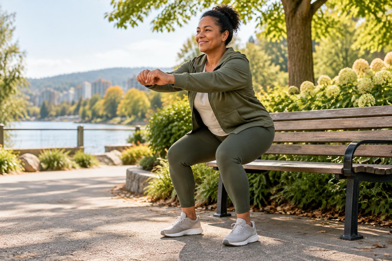 Woman doing a simple bodyweight squat beside a park bench after a walk in seasonal sunshine