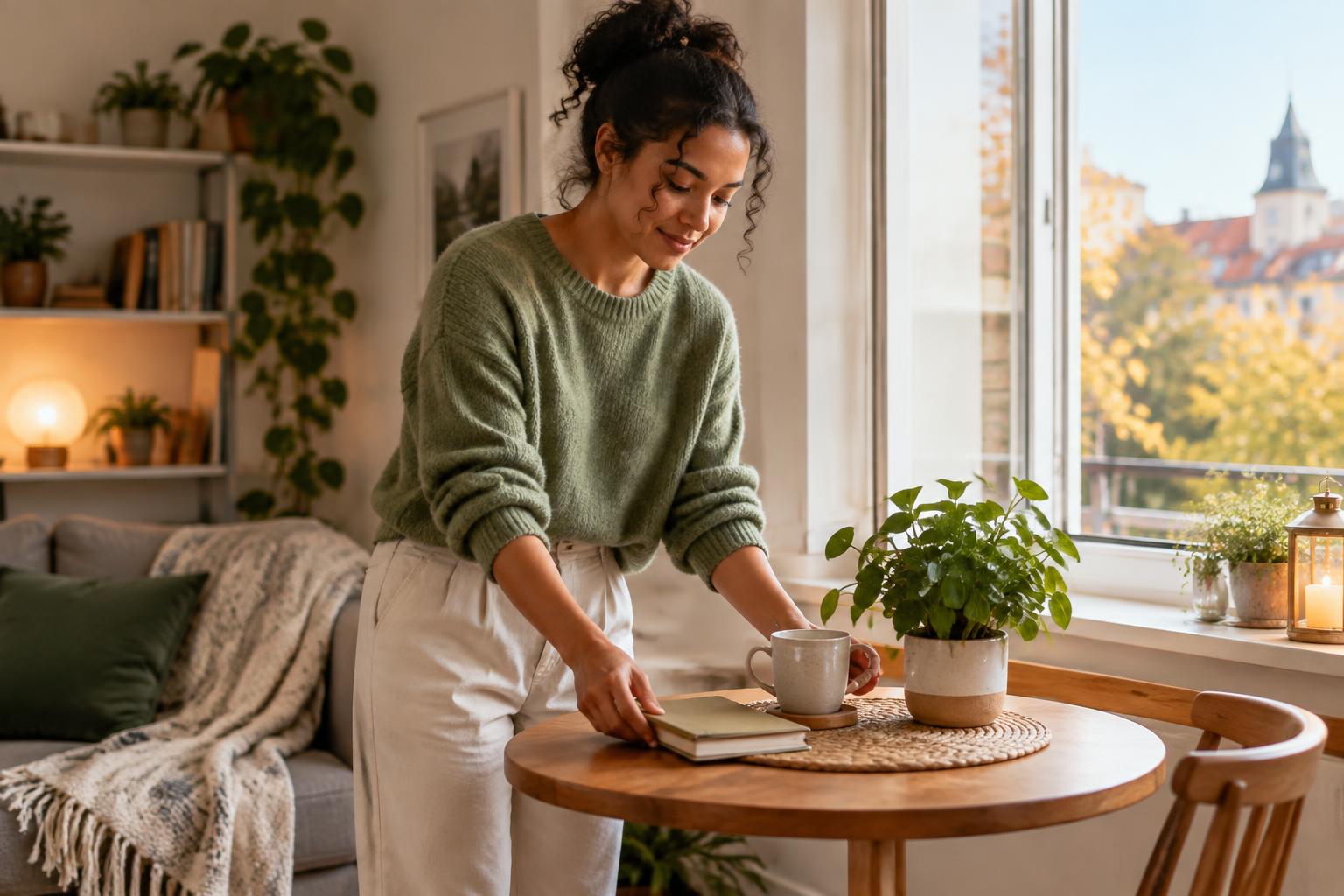 Woman calmly resetting a small table with a notebook and plant beside an open window
