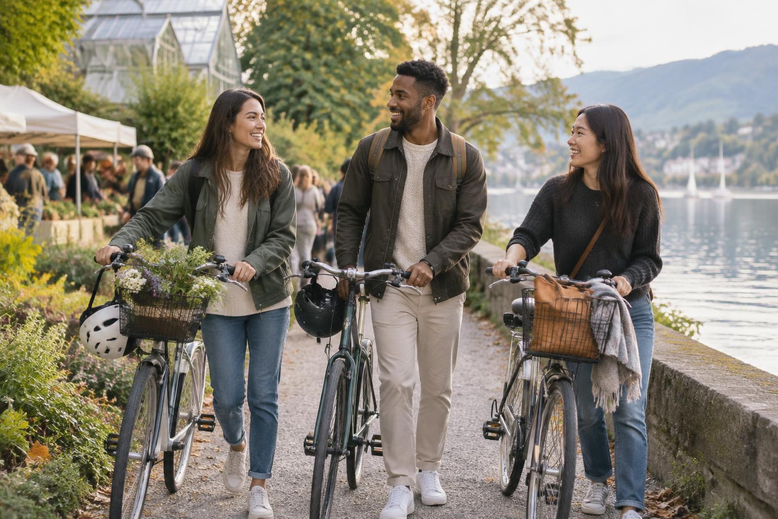 Friends walking with bicycles beside a local market, botanical gardens and a waterside path